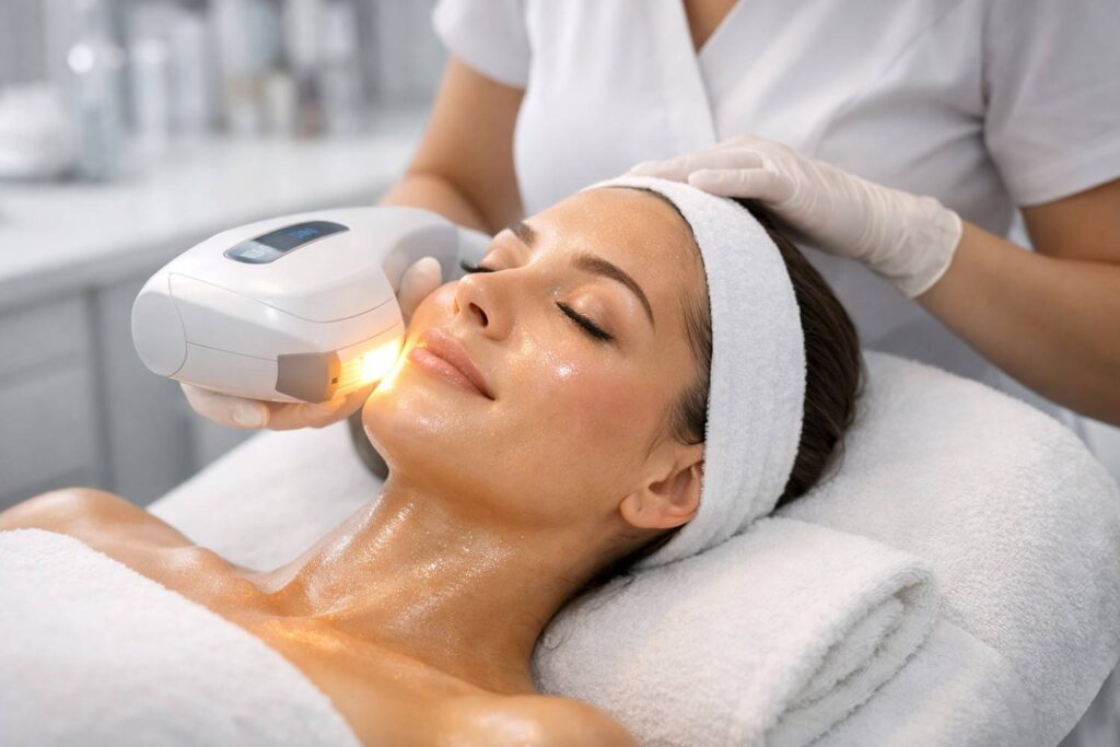Woman receiving IPL photofacial treatment in a dermatology clinic using a handheld intense pulsed light device to improve pigmentation and sun damage on facial skin.
