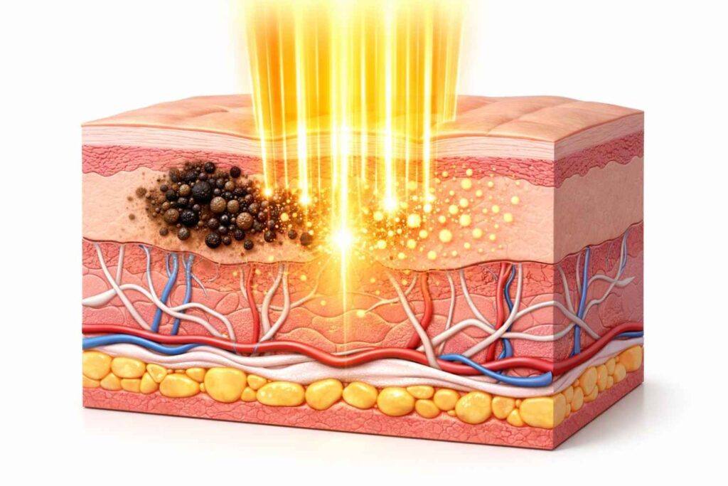 3D medical illustration showing intense pulsed light penetrating skin layers and breaking down dark melanin pigmentation in the epidermis and dermis.
