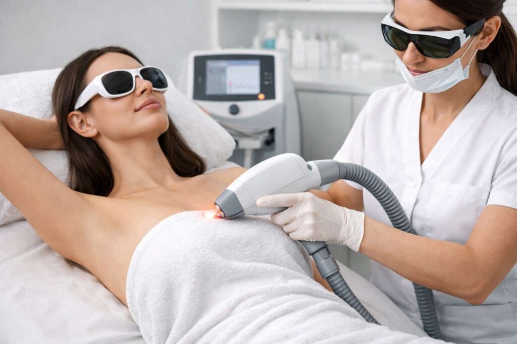 Laser hair removal session targeting hair follicles for smoother skin