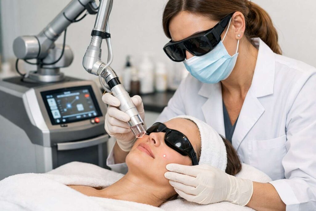 Doctor performing Deka CO2 laser skin resurfacing treatment on patient face in medical spa clinic