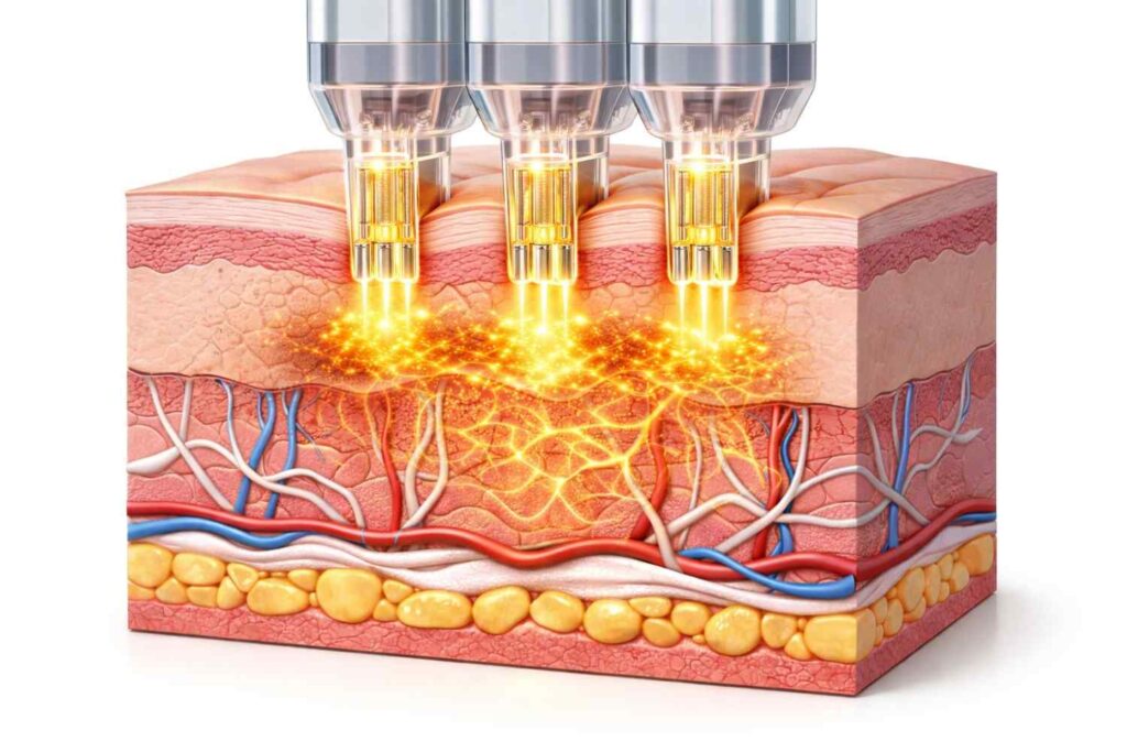 3D medical illustration showing radiofrequency microneedles delivering energy into the dermis to stimulate collagen production in skin layers.