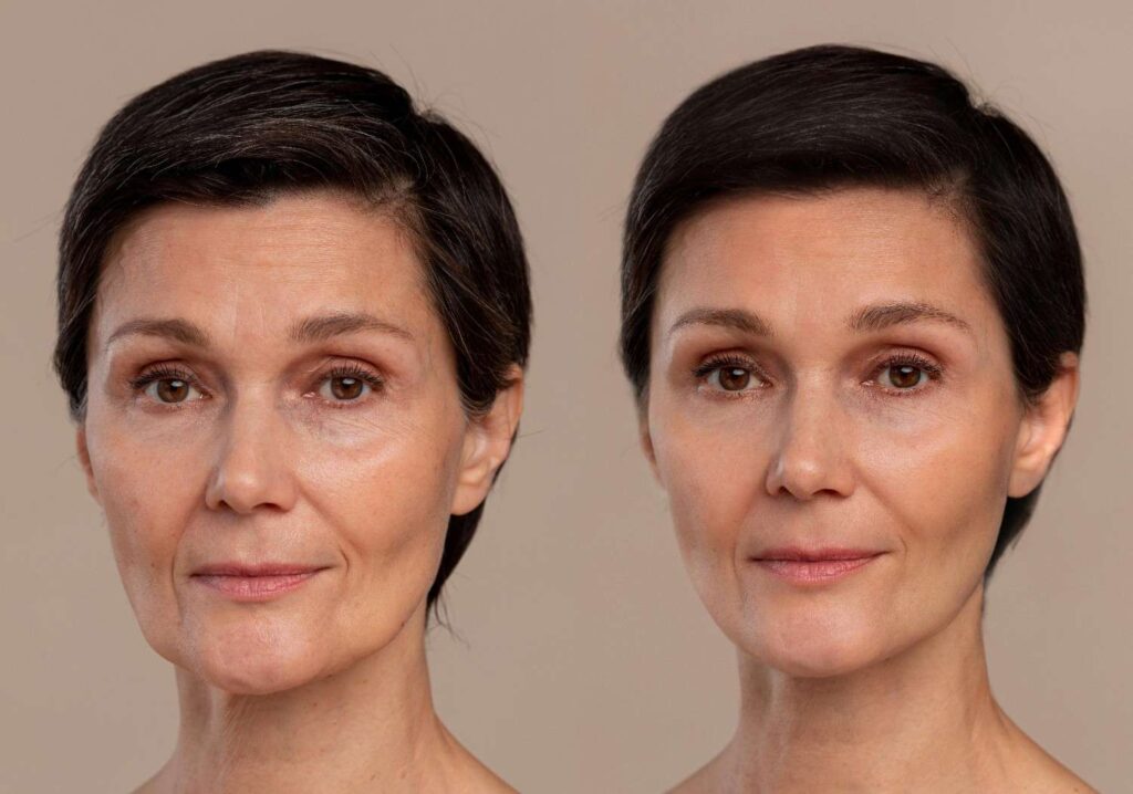 Before and after results of Deka CO2 fractionated laser treatment showing reduced wrinkles and smoother skin