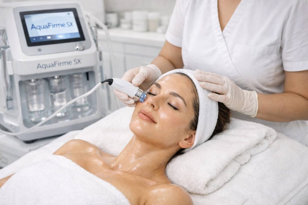 Woman receiving AquaFirme SX facial treatment in medical spa, esthetician performing hydrating facial for glowing skin.