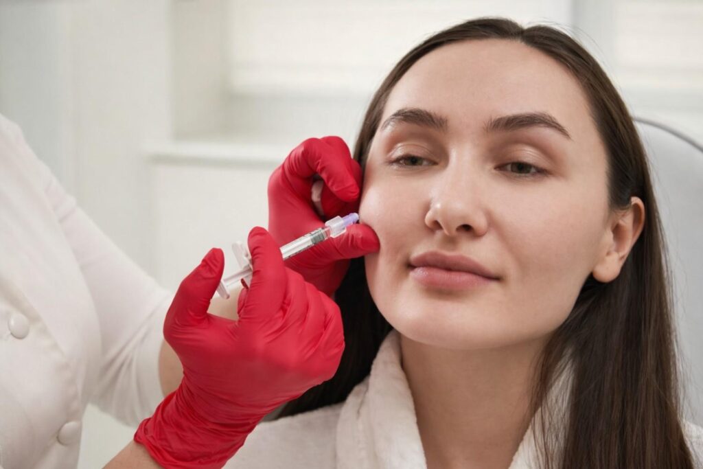 Woman receiving facial dermal filler injection for wrinkle reduction at a cosmetic clinic