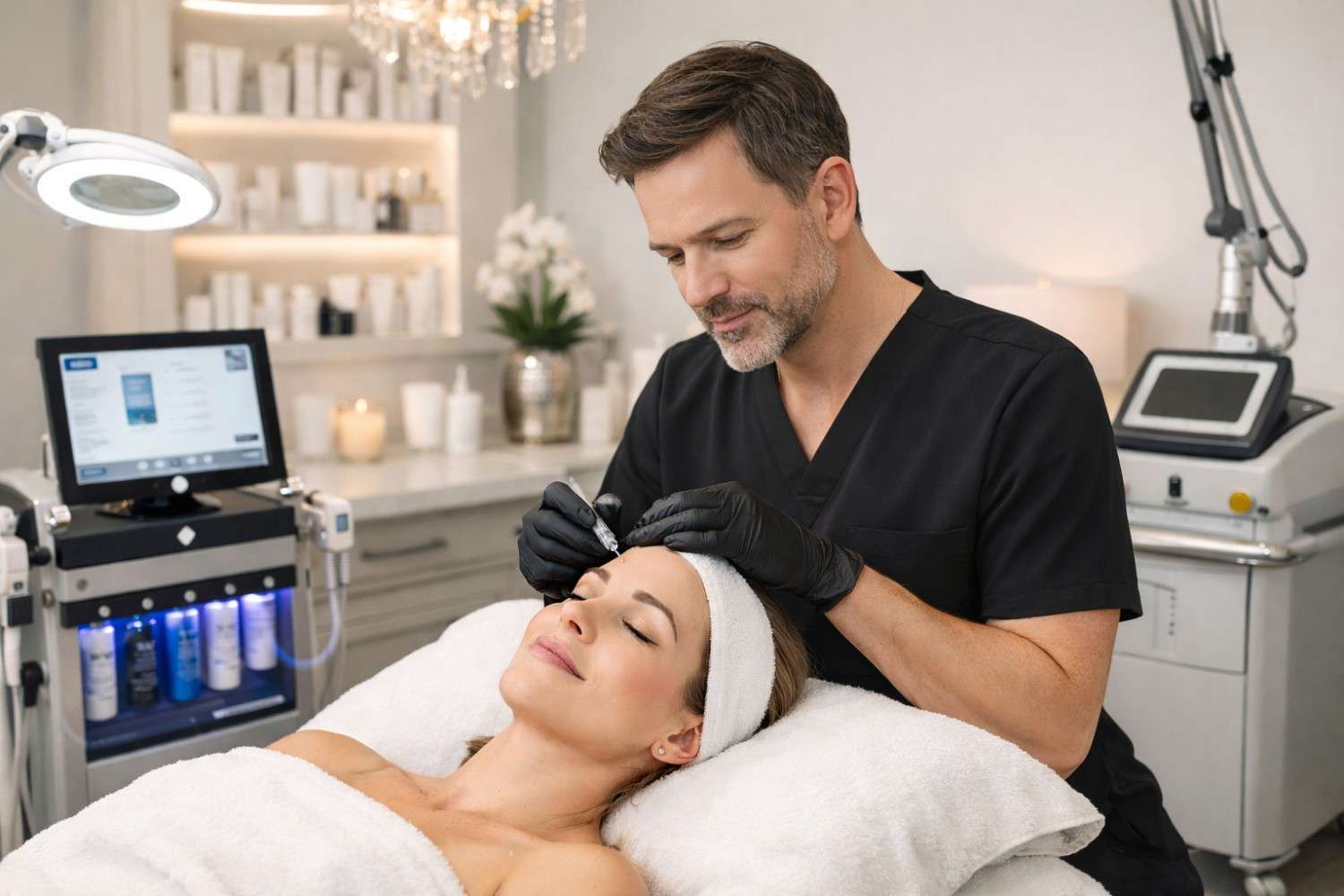 Professional performing Morpheus8 RF microneedling facial treatment in a modern med spa clinic