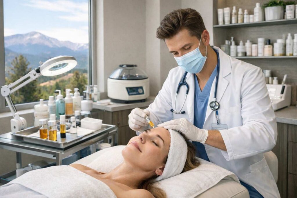 PRP facial treatment being performed by a professional at a modern med spa clinic