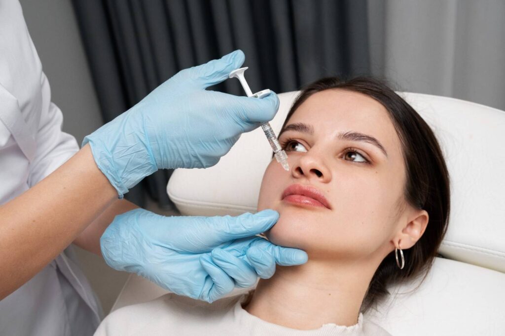 Woman receiving dermal filler injection treatment on face at a professional med spa clinic
