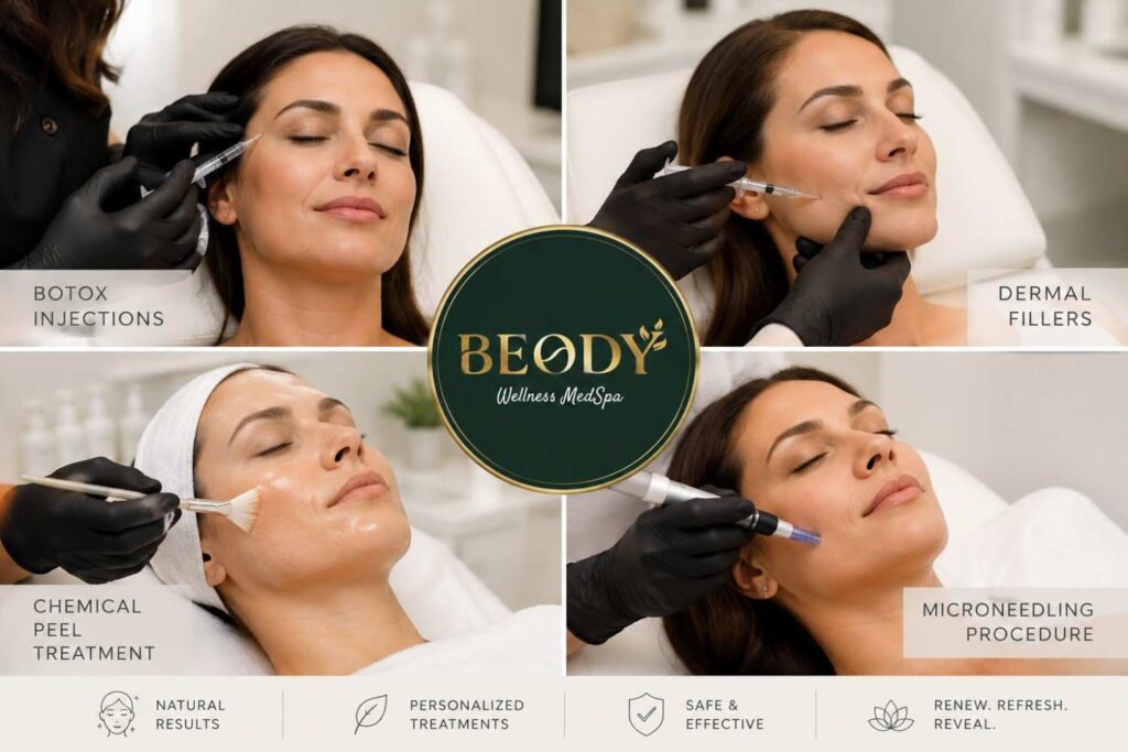 Facial aesthetics treatments in Monument CO including Botox injections, dermal fillers, chemical peel treatment, and microneedling at a luxury med spa